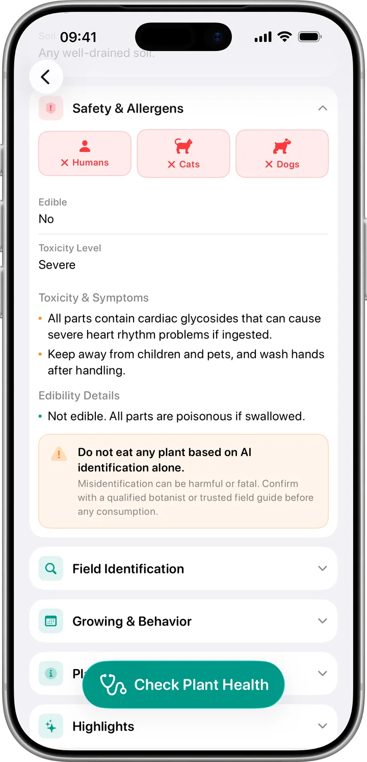 Safety and allergens screen showing toxicity for humans, cats and dogs